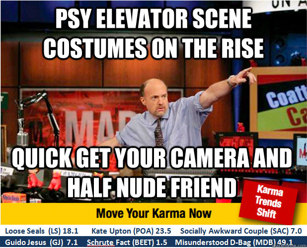 PSY Elevator scene costumes on the rise quick get your camera and half nude friend  Jim Kramer with updated ticker