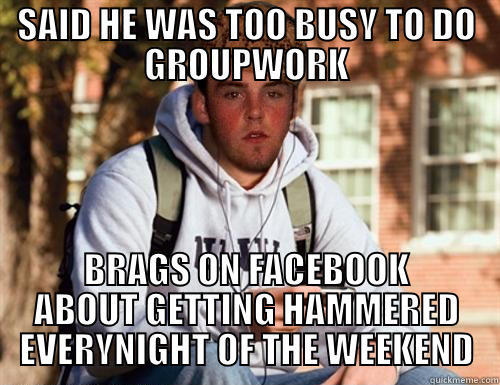 Printscreened and handed to the professor - SAID HE WAS TOO BUSY TO DO GROUPWORK BRAGS ON FACEBOOK ABOUT GETTING HAMMERED EVERYNIGHT OF THE WEEKEND Scumbag College Freshman