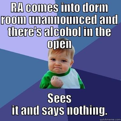 RA win - RA COMES INTO DORM ROOM UNANNOUNCED AND THERE'S ALCOHOL IN THE OPEN SEES IT AND SAYS NOTHING. Success Kid