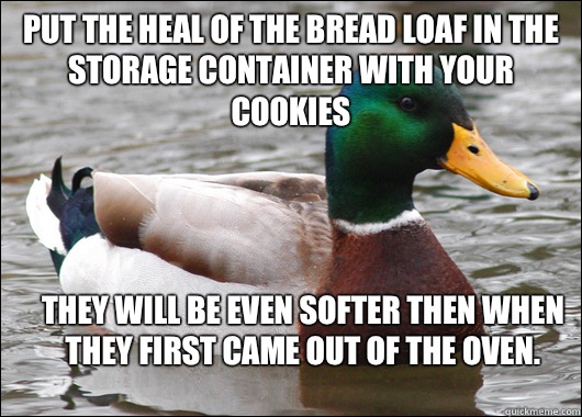 Put the heal of the bread loaf in the storage container with your cookies they will be even softer then when they first came out of the oven.  Actual Advice Mallard