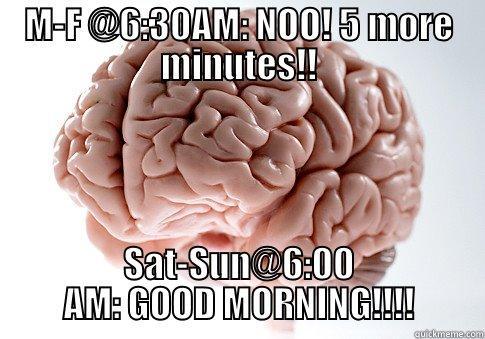 M-F @6:30AM: NOO! 5 MORE MINUTES!! SAT-SUN@6:00 AM: GOOD MORNING!!!! Scumbag Brain