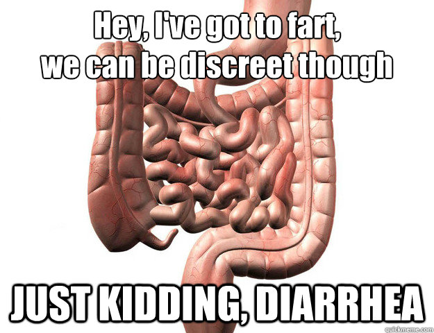 Hey, I've got to fart,
we can be discreet though JUST KIDDING, DIARRHEA - Hey, I've got to fart,
we can be discreet though JUST KIDDING, DIARRHEA  Scumbag Intestine