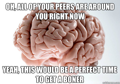 Oh, all of your peers are around you right now yeah, this would be a perfect time to get a boner  Scumbag Brain