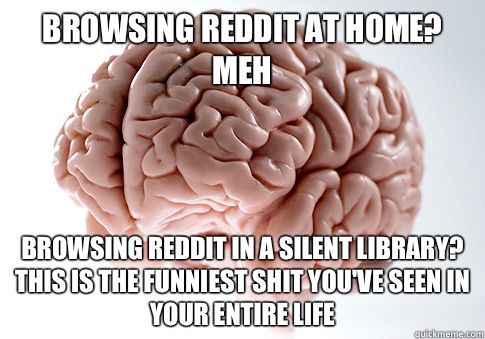 Browsing reddit at home? Meh Browsing reddit in a silent library? 
This is the funniest shit you've seen in your entire life  Scumbag Brain