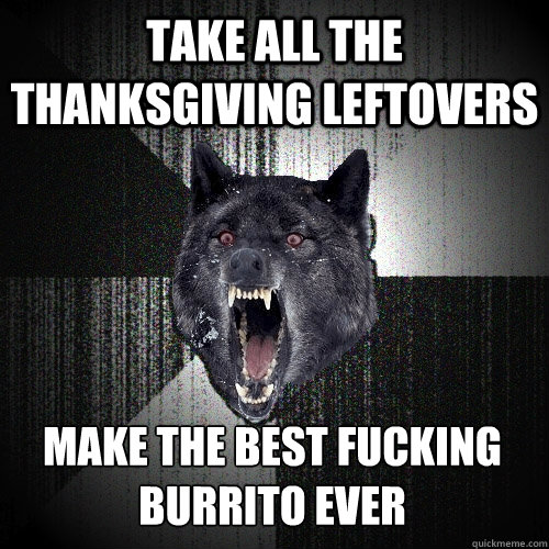 Take all the thanksgiving leftovers Make the best fucking burrito ever  Insanity Wolf