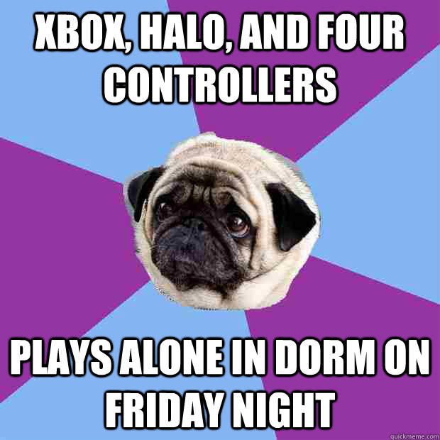 xbox, halo, and four controllers plays alone in dorm on friday night  Lonely Pug
