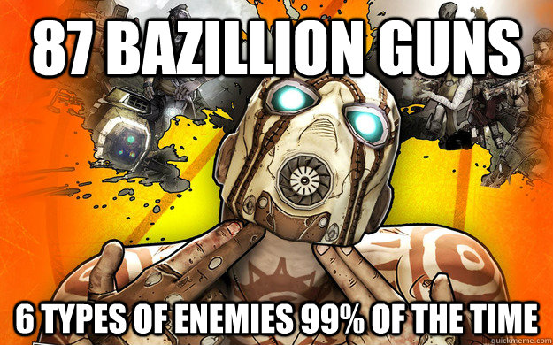 87 Bazillion Guns 6 types of enemies 99% of the time  Borderlands 2 Logic