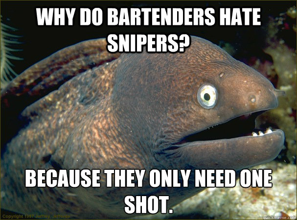 Why do bartenders hate snipers? Because they only need one shot.  Bad Joke Eel