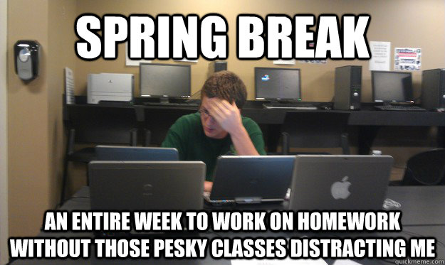 spring break an entire week to work on homework without those pesky classes distracting me  