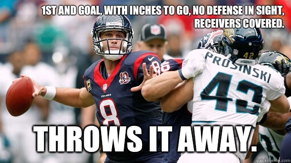 1st and goal, with inches to go, no defense in sight, receivers covered. Throws it away.   