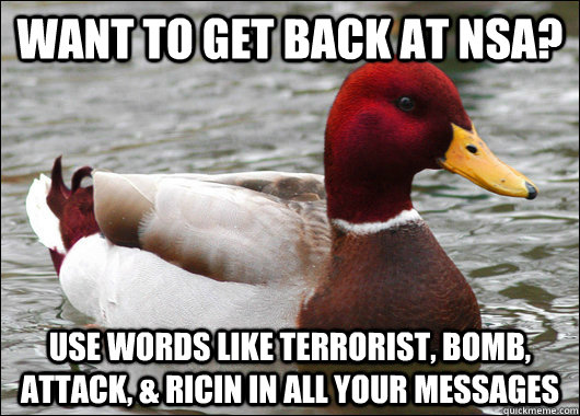 Want to get back at NSA? Use words like Terrorist, bomb, attack, & ricin in all your messages  Malicious Advice Mallard