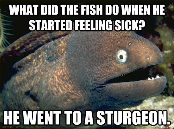 What did the fish do when he started feeling sick? He went to a sturgeon. - What did the fish do when he started feeling sick? He went to a sturgeon.  Bad Joke Eel