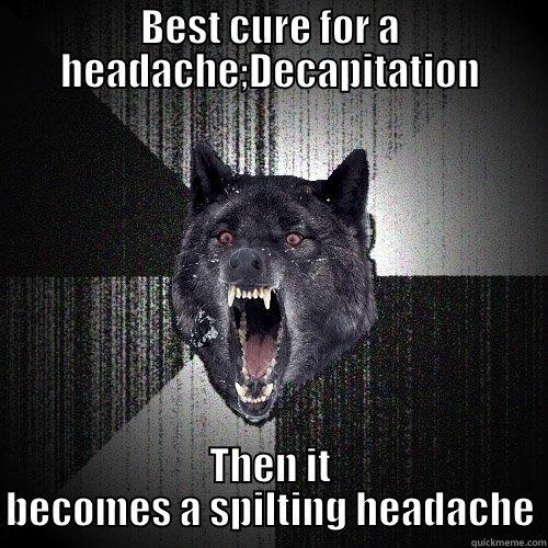 BEST CURE FOR A HEADACHE;DECAPITATION THEN IT BECOMES A SPILTING HEADACHE Insanity Wolf