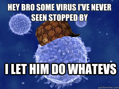 HEY BRO SOME VIRUS I'VE NEVER SEEN STOPPED BY I LET HIM DO WHATEVS - HEY BRO SOME VIRUS I'VE NEVER SEEN STOPPED BY I LET HIM DO WHATEVS  Scumbag immune system