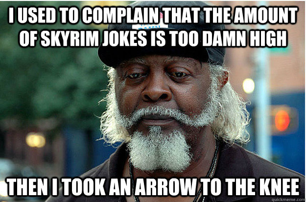 I used to complain that the amount of skyrim jokes is too damn high Then i took an arrow to the knee - I used to complain that the amount of skyrim jokes is too damn high Then i took an arrow to the knee  Jimmy Sad