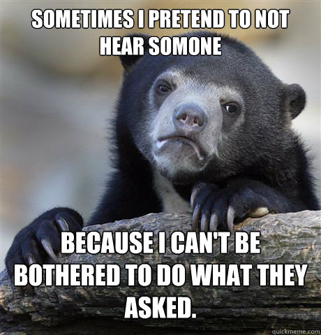 Sometimes i pretend to not hear somone Because I can't be bothered to do what they asked.  Confession Bear
