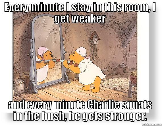 EVERY MINUTE I STAY IN THIS ROOM, I GET WEAKER AND EVERY MINUTE CHARLIE SQUATS IN THE BUSH, HE GETS STRONGER. Misc