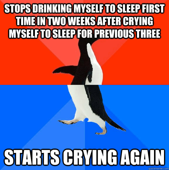Stops drinking myself to sleep first time in two weeks after crying myself to sleep for previous three Starts crying again  Socially Awesome Awkward Penguin