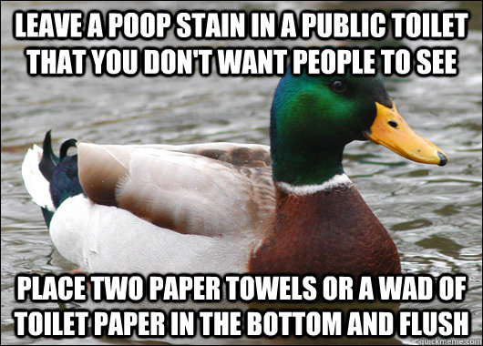 Leave a Poop stain in a public toilet that you don't want people to see Place two paper towels or a wad of toilet paper in the bottom and flush  Actual Advice Mallard