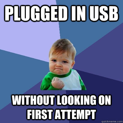Plugged in usb without looking on first attempt  Success Kid