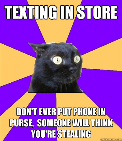 TEXTING IN STORE DON'T EVER PUT PHONE IN PURSE,  SOMEONE WILL THINK YOU'RE STEALING  Anxiety Cat