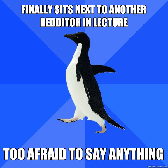 Finally sits next to another redditor in lecture too afraid to say anything  Socially Awkward Penguin