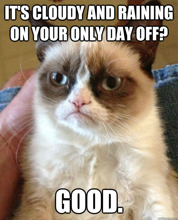 It's cloudy and raining on your only day off? Good.
  Grump Cat