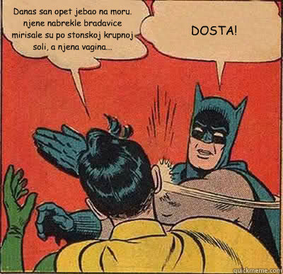 Danas san opet jebao na moru. njene nabrekle bradavice mirisale su po stonskoj krupnoj soli, a njena vagina... DOSTA!  Batman Slapping Robin