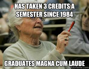 has taken 3 credits a semester since 1984 graduates magna cum laude  Senior College Student