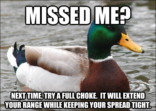 Missed me? Next time, try a full choke.  It will extend your range while keeping your spread tight.  Actual Advice Mallard