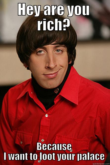 HEY ARE YOU RICH? BECAUSE I WANT TO LOOT YOUR PALACE Pickup Line Scientist