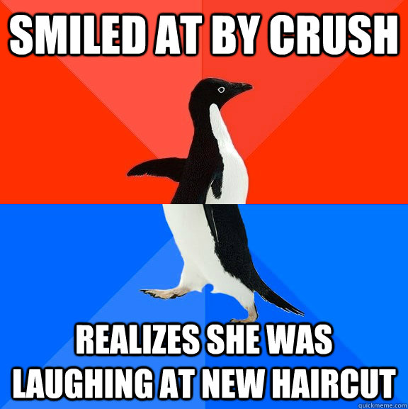 Smiled at by crush Realizes she was laughing at new haircut  Socially Awesome Awkward Penguin