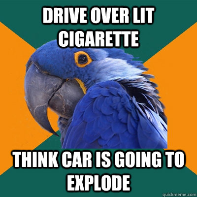 Drive over lit cigarette  Think car is going to explode  Paranoid Parrot