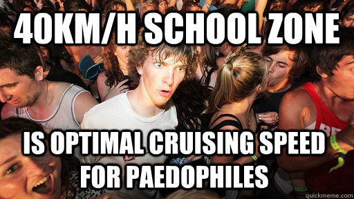 40km/h school zone is optimal cruising speed for paedophiles  Sudden Clarity Clarence