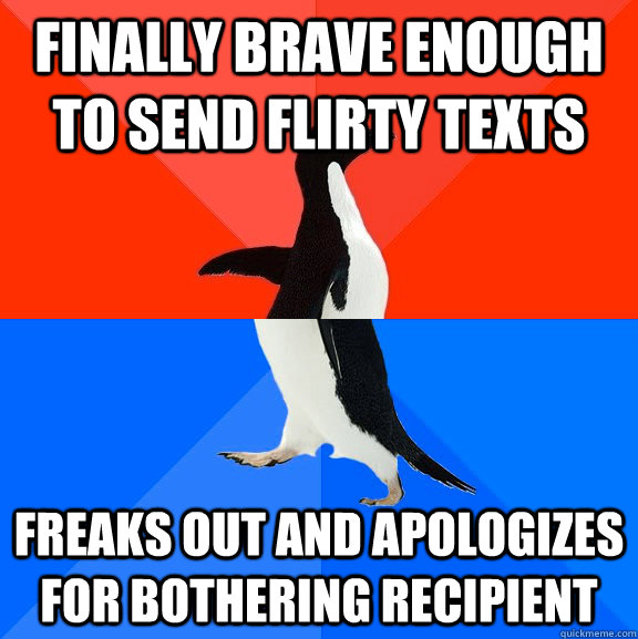 Finally brave enough to send flirty texts Freaks out and apologizes for bothering recipient  Socially Awesome Awkward Penguin