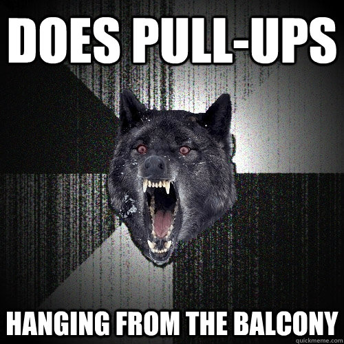 does pull-ups  hanging from the balcony  Insanity Wolf