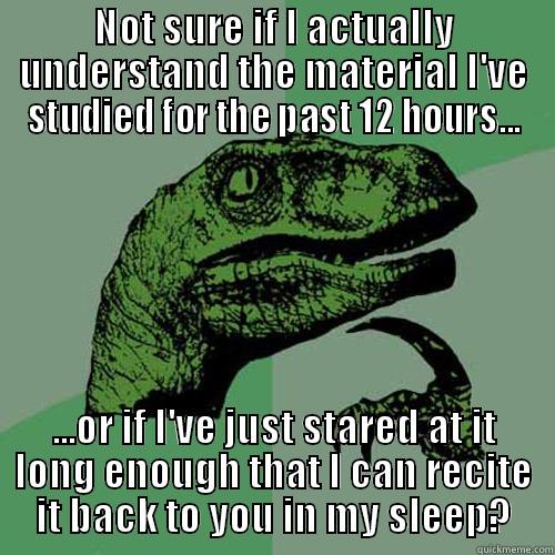 NOT SURE IF I ACTUALLY UNDERSTAND THE MATERIAL I'VE STUDIED FOR THE PAST 12 HOURS... ...OR IF I'VE JUST STARED AT IT LONG ENOUGH THAT I CAN RECITE IT BACK TO YOU IN MY SLEEP? Philosoraptor