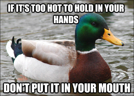 If it's too hot to hold in your hands Don't put it in your mouth  Actual Advice Mallard