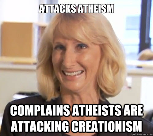 Attacks atheism  complains atheists are attacking creationism  Wendy Wright