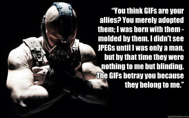 “You think GIFs are your allies? You merely adopted them; I was born with them - molded by them. I didn't see JPEGs until I was only a man, but by that time they were nothing to me but blinding. The GIFs betray you because they belong to me.”  Bane Darkness