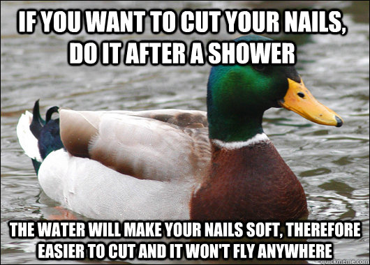 If you want to cut your nails, do it after a shower The water will make your nails soft, therefore easier to cut and it won't fly anywhere  Actual Advice Mallard