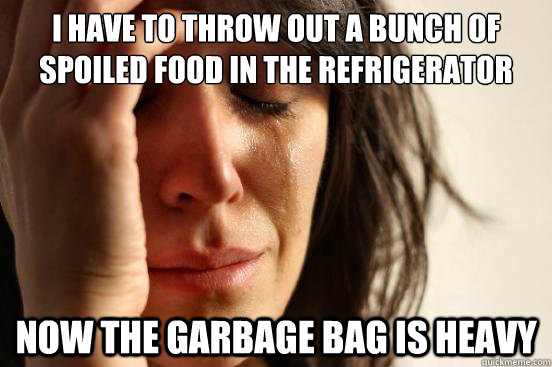 I have to throw out a bunch of spoiled food in the refrigerator  now the garbage bag is heavy  First World Problems