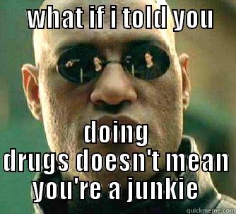      WHAT IF I TOLD YOU            DOING DRUGS DOESN'T MEAN YOU'RE A JUNKIE Matrix Morpheus