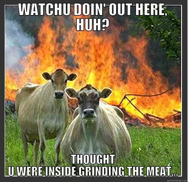 WATCHU DOIN' OUT HERE, HUH? THOUGHT U WERE INSIDE GRINDING THE MEAT... Evil cows