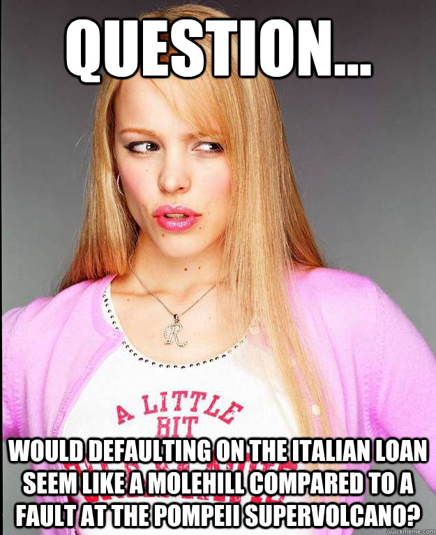 Question... would defaulting on the Italian loan seem like a molehill compared to a fault at the Pompeii supervolcano?   Rachel McAdams Meme