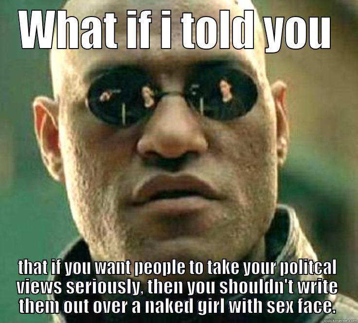 WHAT IF I TOLD YOU THAT IF YOU WANT PEOPLE TO TAKE YOUR POLITCAL VIEWS SERIOUSLY, THEN YOU SHOULDN'T WRITE THEM OUT OVER A NAKED GIRL WITH SEX FACE. Misc
