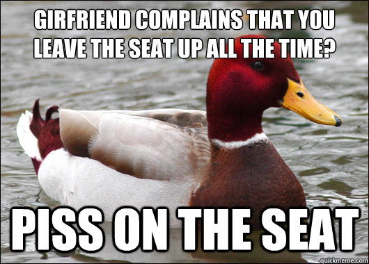 Girfriend complains that you leave the seat up all the time? piss on the seat  Malicious Advice Mallard