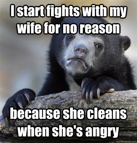 I start fights with my wife for no reason because she cleans when she's angry - I start fights with my wife for no reason because she cleans when she's angry  Confession Bear