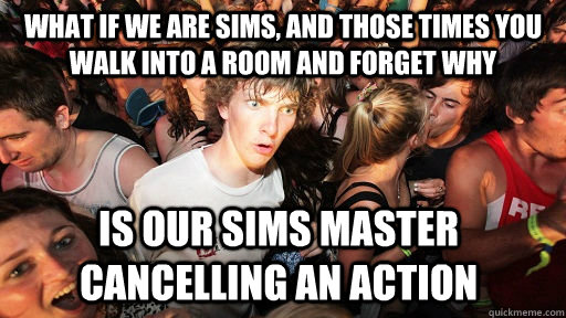 What if we are sims, and those times you walk into a room and forget why Is our sims master cancelling an action - What if we are sims, and those times you walk into a room and forget why Is our sims master cancelling an action  Sudden Clarity Clarence