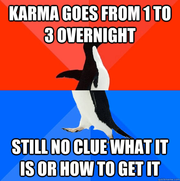Karma goes from 1 to 3 overnight Still no clue what it is or how to get it  Socially Awesome Awkward Penguin